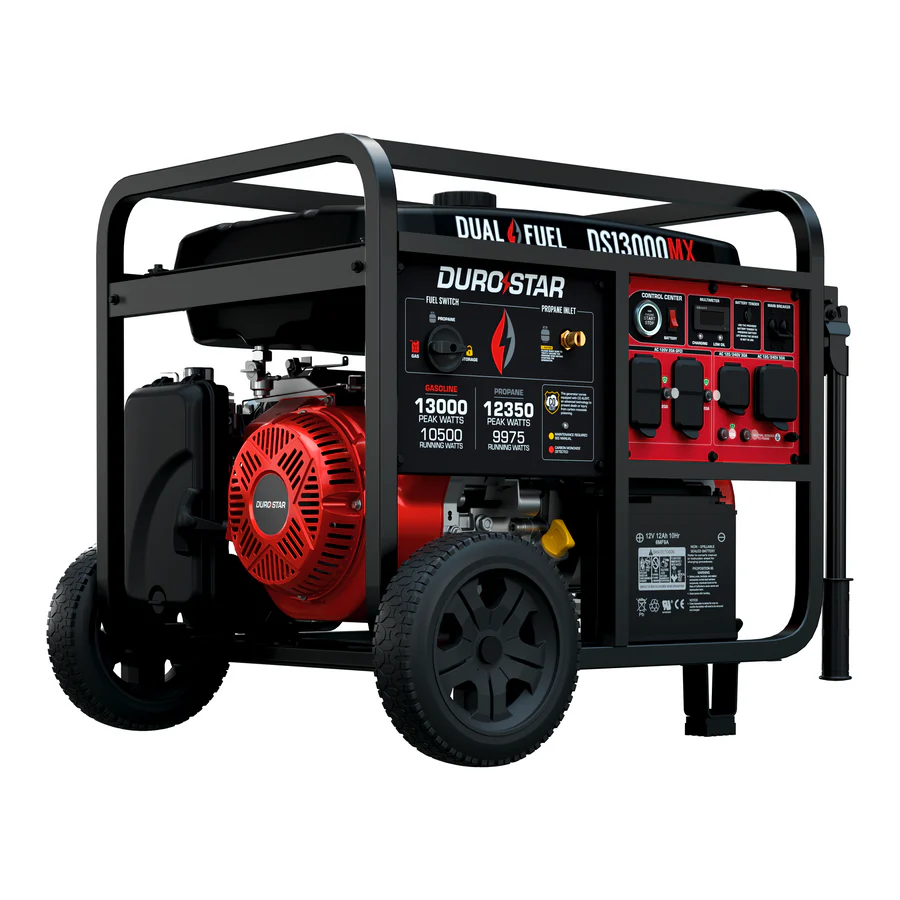 DuroStar DS13000MX Dual-Fuel Generator 13000W 1 DuroStar DS13000MX 13,000W/10,500W 500cc Electric Start Dual Fuel Portable Generator w/ CO Alert