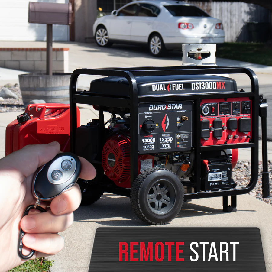 DuroStar DS13000MX Dual-Fuel Generator 13000W 3 DuroStar DS13000MX 13,000W/10,500W 500cc Electric Start Dual Fuel Portable Generator w/ CO Alert