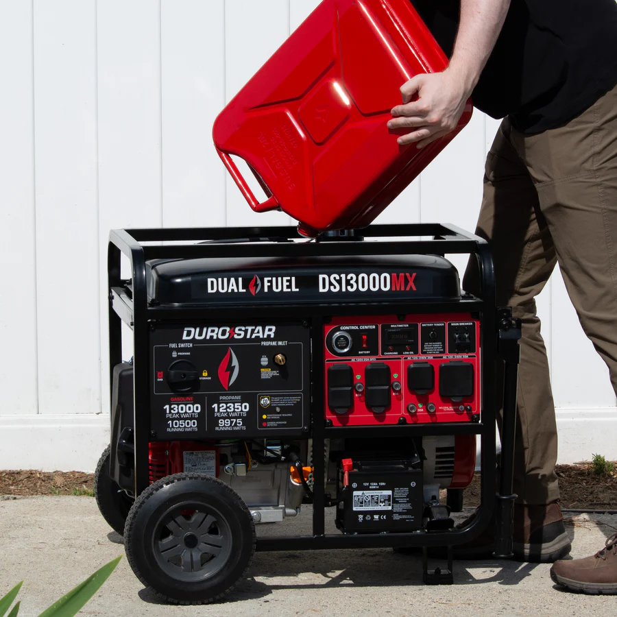 DuroStar DS13000MX Dual-Fuel Generator 13000W 5 DuroStar DS13000MX 13,000W/10,500W 500cc Electric Start Dual Fuel Portable Generator w/ CO Alert
