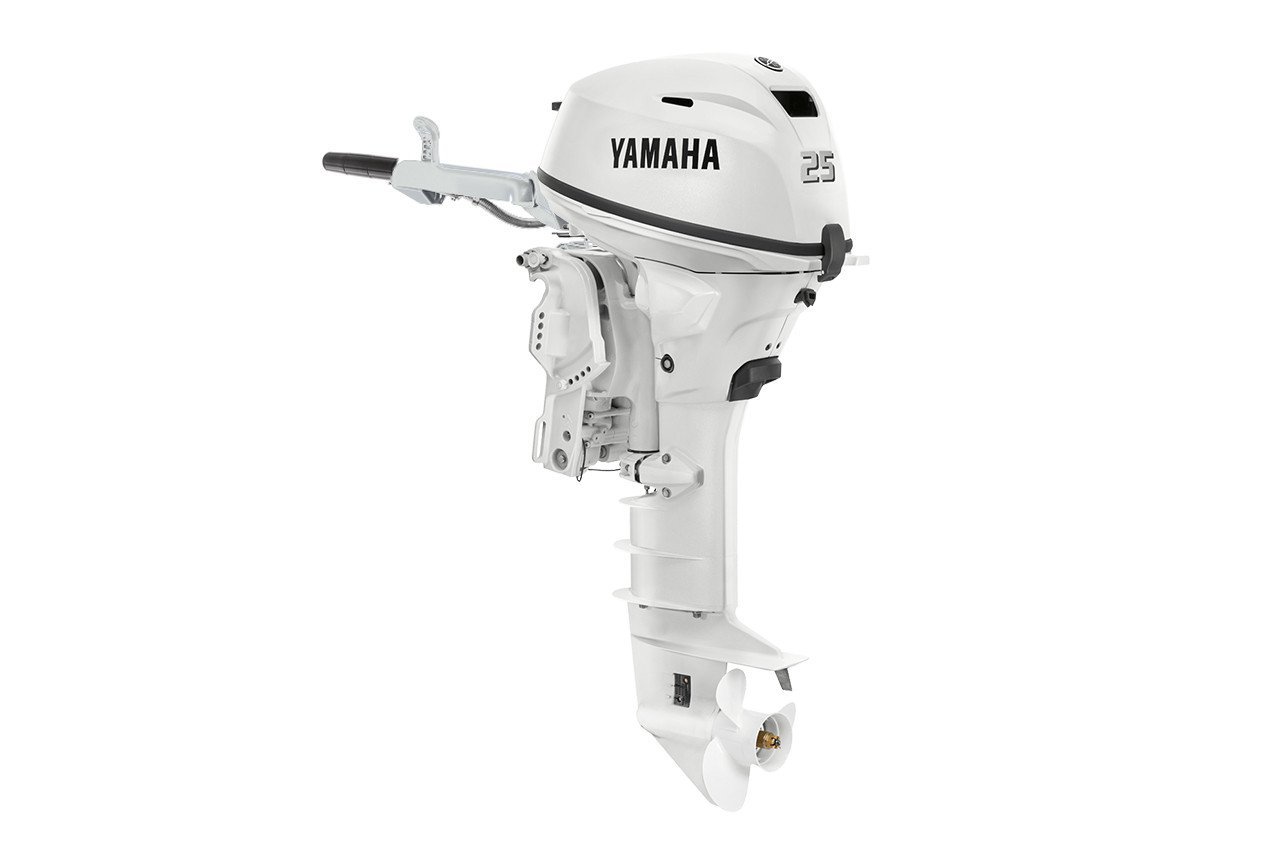Yamaha F25SWTHC2 25HP White Short Tiller Trim Outboard Motor 1 Yamaha 25HP F25SWTHC2 - Pearlescent White 15in